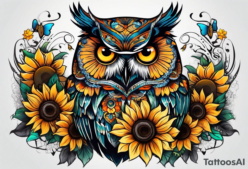 Owl, butterfly and sunflower are sleeve tattoo idea