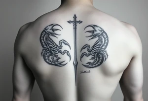 Dos poderosos escorpiones trepando por el cuerpo completo de la señora de la justicia ciega tattoo idea