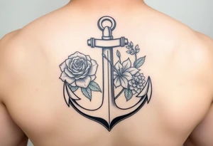 anchor with a rose, a lily and a hydrangea in color tattoo idea