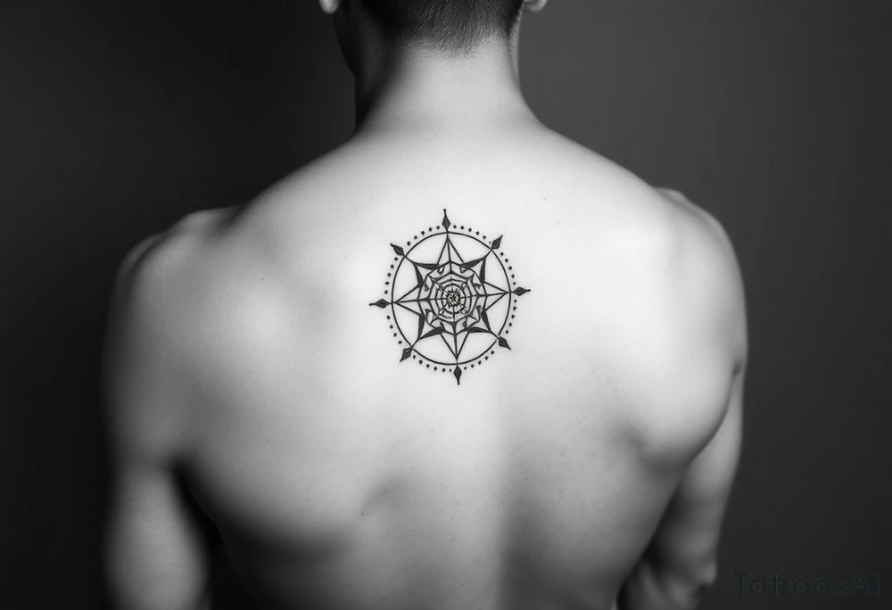 Minimalist style tattoo with oranental design with symbolism and dot work , full back tattoo idea