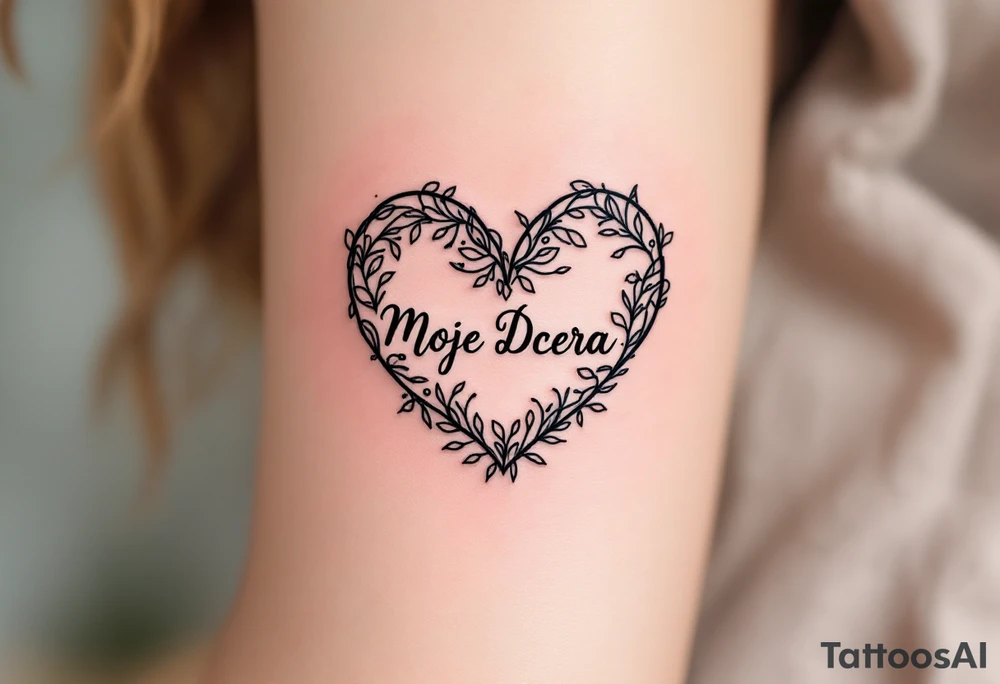 A delicate black and pink line-art heart with the word “Moje Dcera” written in elegant cursive across the center. tattoo idea