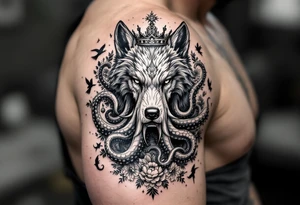 powerful majestic wolf octopus with a crown, surrounded by floral ornaments and birds tattoo idea