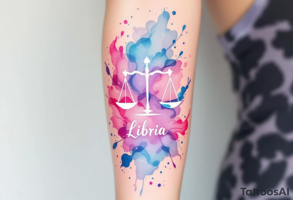 Flowing watercolor splashes in pink, blue, and lavender wrap around a white-ink Libra constellation. tattoo idea