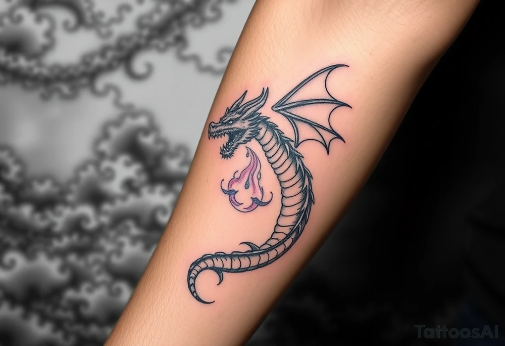 fierce dragon breathing iridescent fire against stormy skies tattoo idea