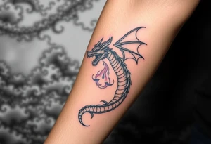 fierce dragon breathing iridescent fire against stormy skies tattoo idea