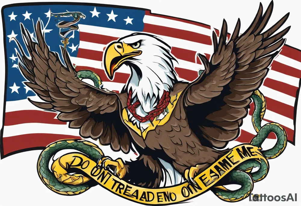 American traditional Bald Eagle carrying a snake in its talons, with a banner reading “don't tread on me” tattoo idea
