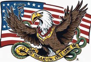 American traditional Bald Eagle carrying a snake in its talons, with a banner reading “don't tread on me” tattoo idea