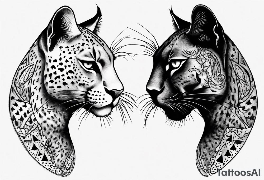 Two black pumas walking past each other and looking at each other, seen from above tattoo idea