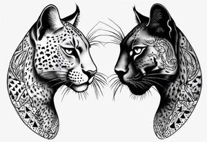 Two black pumas walking past each other and looking at each other, seen from above tattoo idea