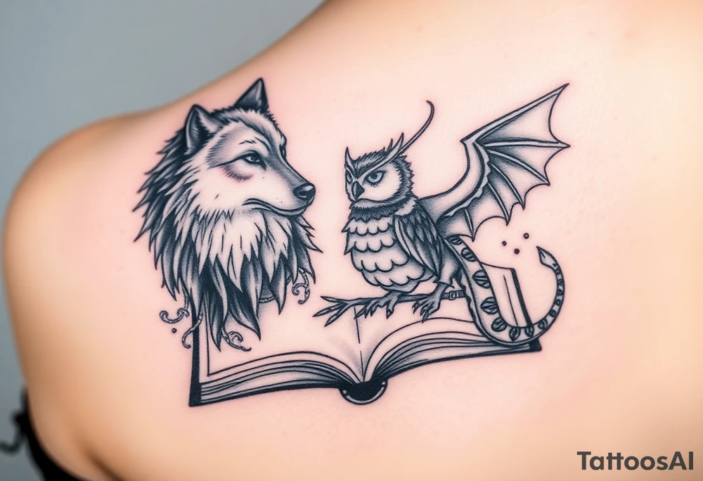An open book with a werewolf, an owl & a dragon tattoo idea