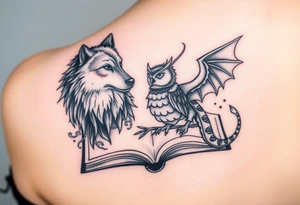 An open book with a werewolf, an owl & a dragon tattoo idea