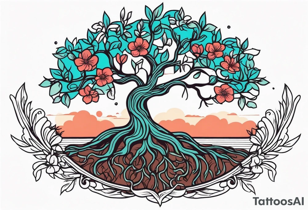 tree with roots 

old school vintage simple traditional design with vintage flowers surrounding
bold color simple tattoo idea