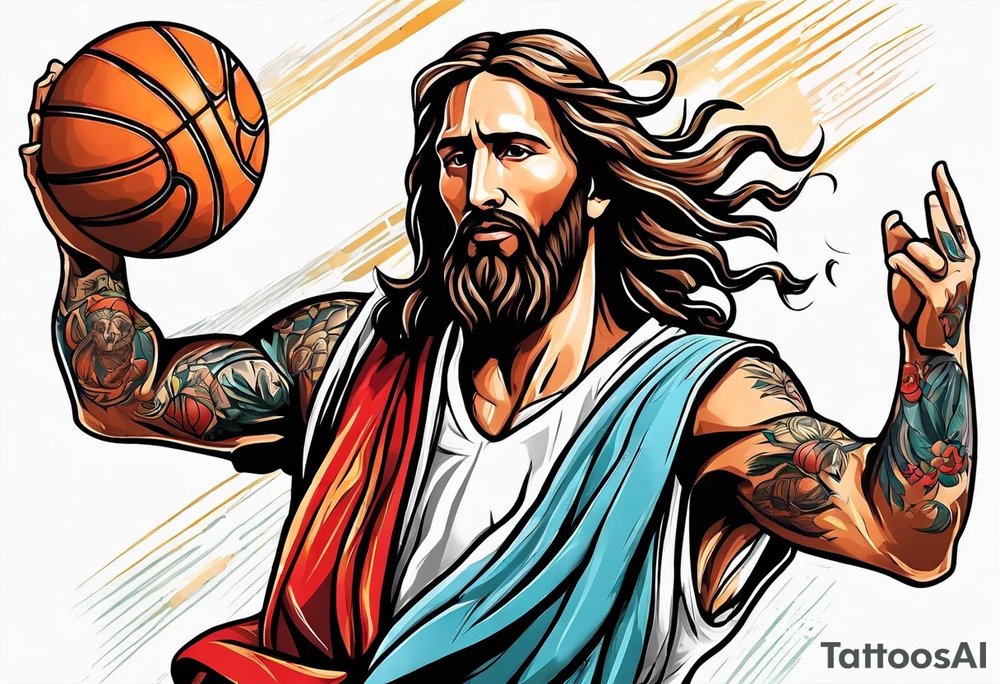jesus christ playing basketball against messi tattoo idea