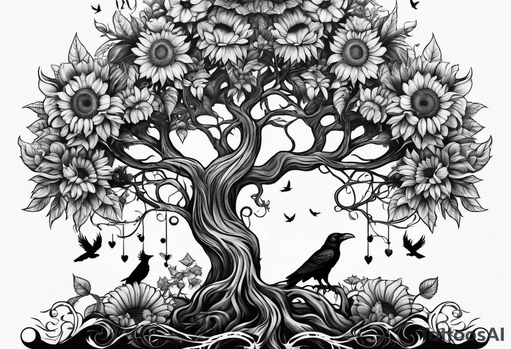 Feminine Yggdrasil tree with two ravens and sunflowers tattoo idea