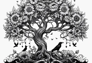 Feminine Yggdrasil tree with two ravens and sunflowers tattoo idea