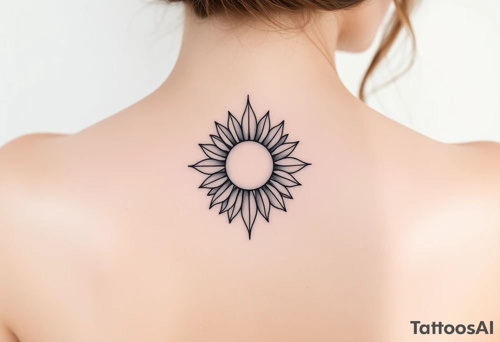 Fine line spine tattoo with sun centered in the middle with a sunflower and a bit of beach theme tattoo idea