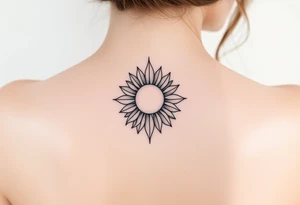 Fine line spine tattoo with sun centered in the middle with a sunflower and a bit of beach theme tattoo idea