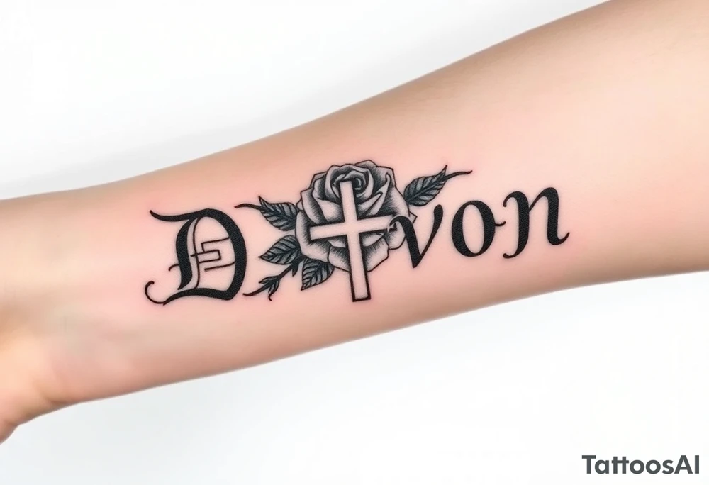 Name D3von with a rose and cross in the middle tattoo idea