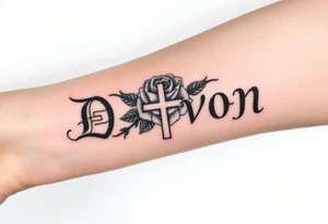 Name D3von with a rose and cross in the middle tattoo idea