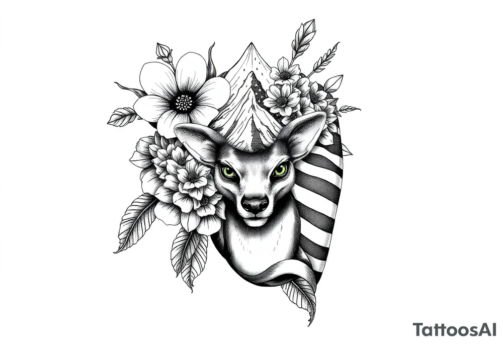 vintage bouquet of flowers , deer prints, river flower through a mountain with green eyes in it American flag wrapped around arm vintage car parts incorporated tattoo idea