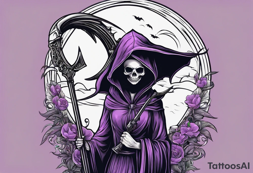 cute feminine grim reaper with scythe and nightshade tattoo idea