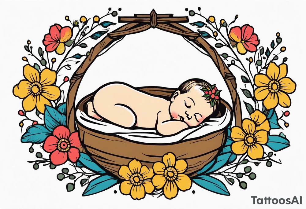 baby jesus in manger

old school vintage simple traditional design with vintage flowers surrounding it bold color simple tattoo idea