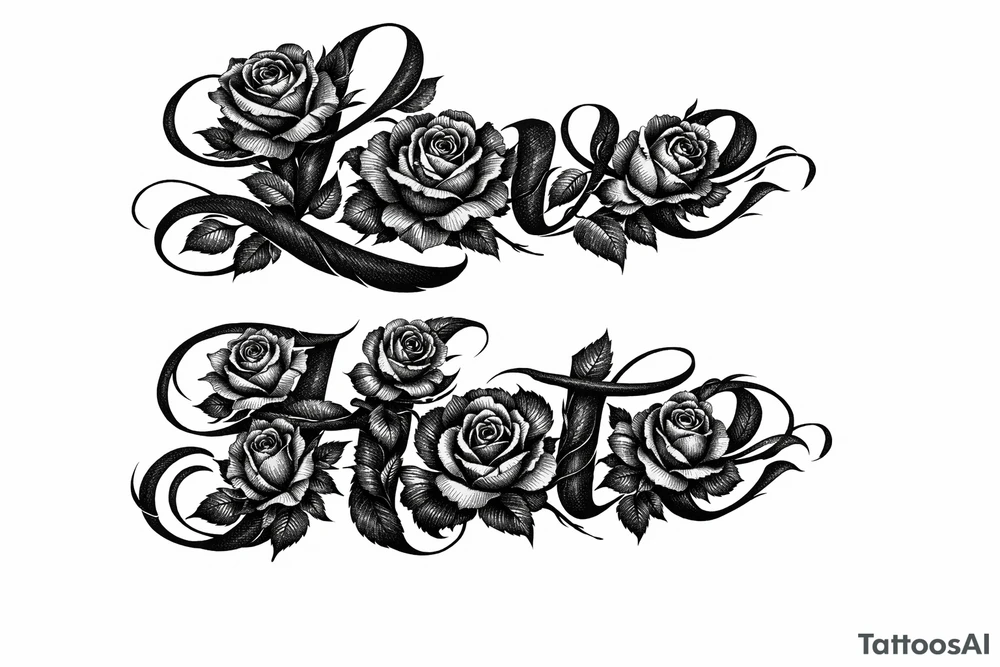 Blooming roses forming the letters of love/hate
delicate script. tattoo idea