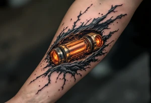 A ripped-skin illusion showing carbon fiber muscles and glowing orange pistons in motion. tattoo idea