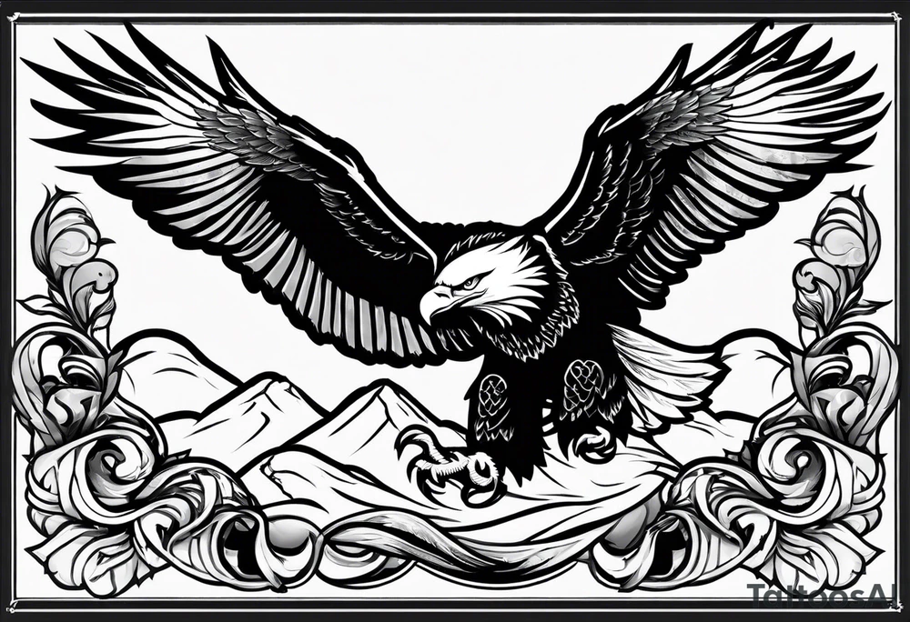 hanging flag with eagles flying unde tattoo idea