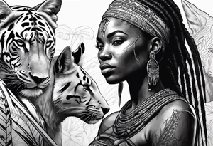 African woman warrior with tribe scars and spear in hand with animals in background tattoo idea