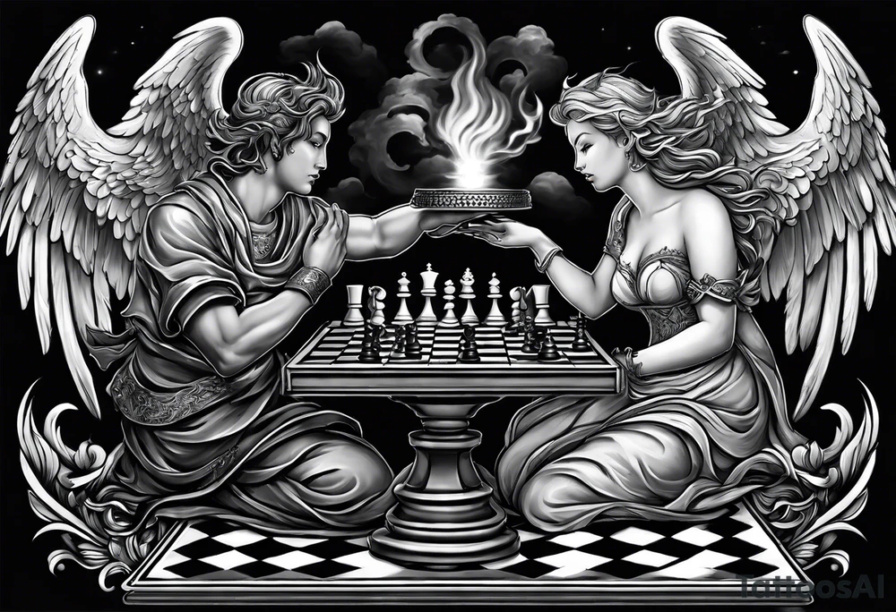 Depict an angel and demon playing chess on a board that morphs from celestial clouds to fiery inferno, representing the merging of the spiritual realms in the eternal game tattoo idea