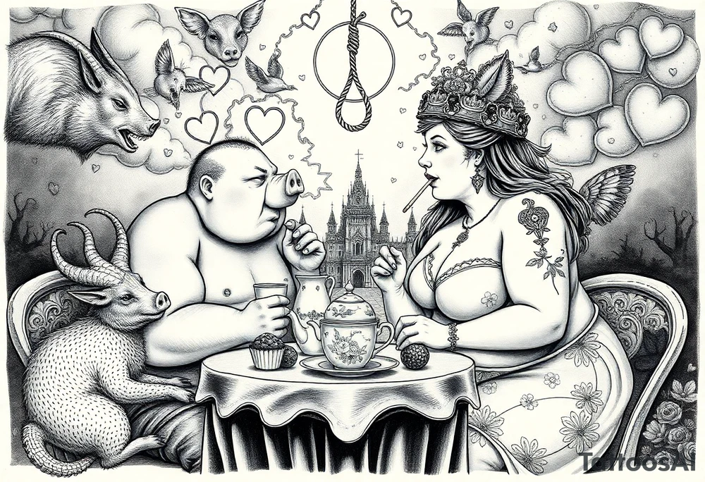 Naked Man and fat woman having sex eating cupcakes and  fruit  having sexy naked fat lady having a tea party with tea pots  swith fancy castle  
with mystical  a pigs, peacock,  lion, goat, noose and smoking cigerettes looking in the mirror thru storm clouds and broken hearts and darkness and wrath, envy , gluttony, greed, sloth, pride . Gothic tattoo idea