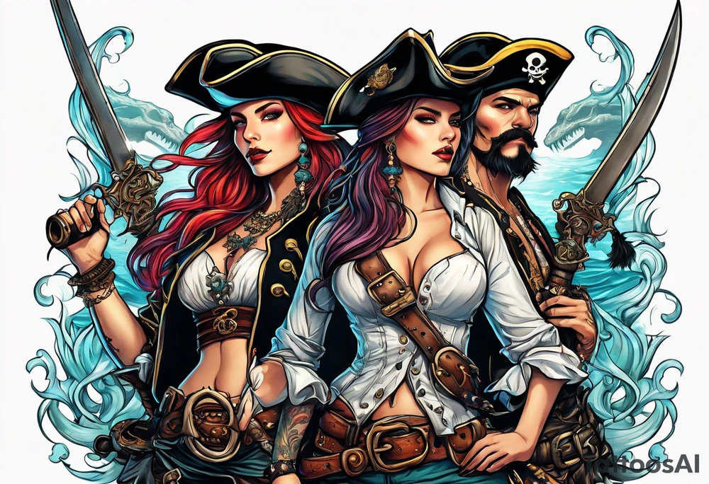 sexy female pirates with a group of skull pirates and a sea monster tattoo idea