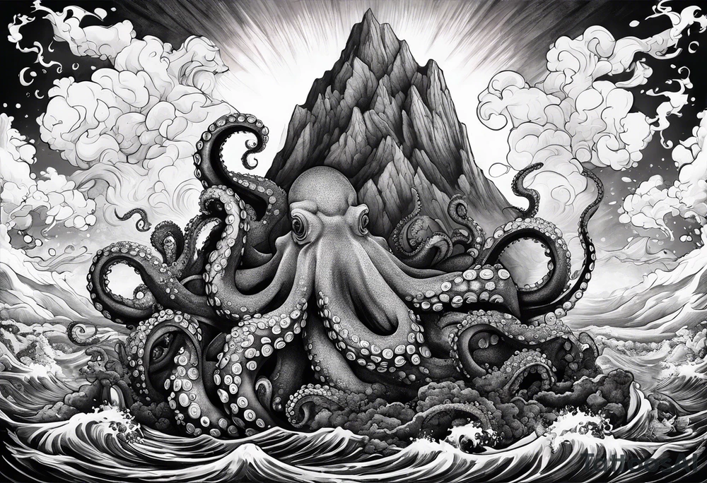Octopus, volcano eruption, broken bridge tattoo idea