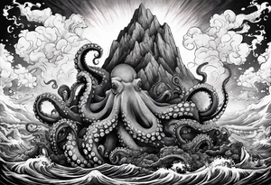 Octopus, volcano eruption, broken bridge tattoo idea