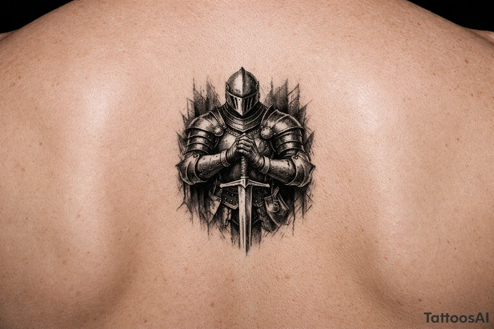 Knight in full plate armor, holding a sword, stoic pose, dark fantasy style tattoo idea