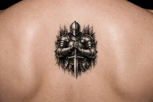 Knight in full plate armor, holding a sword, stoic pose, dark fantasy style tattoo idea