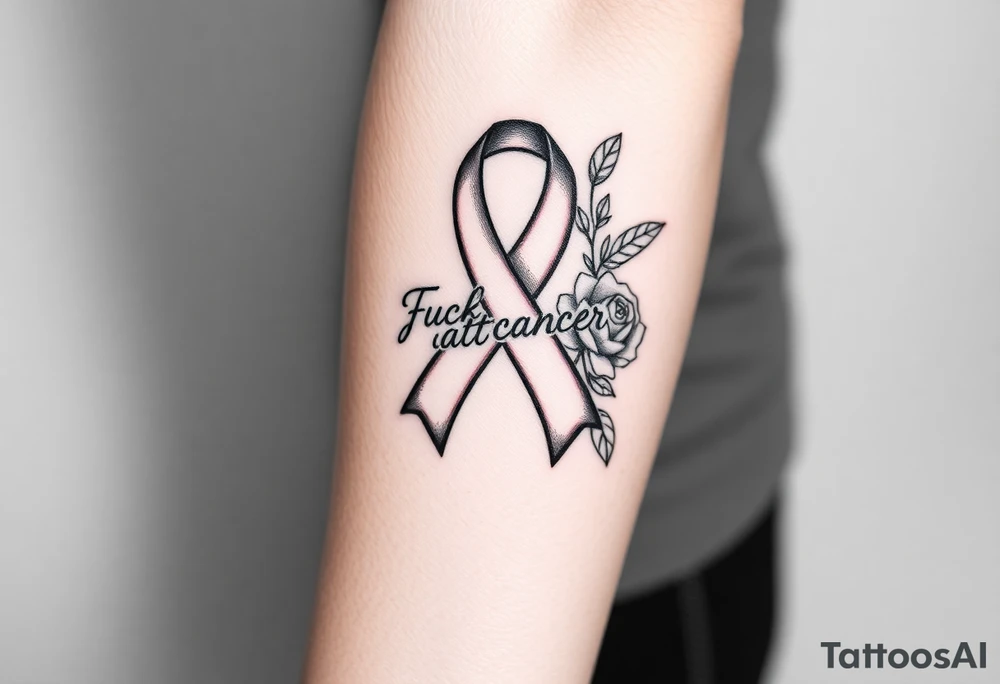 Cancer ribbon that says fuck cancer pretty with roses on arm tattoo idea