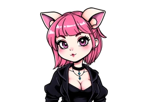 hot goth girl with puppy ears and with piercings on face and big boobs and big butt full body 
 with black outfit on with pink hair tattoo idea