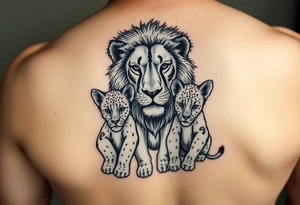 Lion on the safari with his two cubs wearing jiu jitsu gis tattoo idea