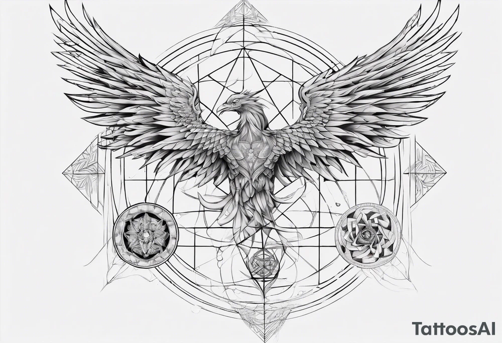 sacred geometry Metatron's cube with phoenix. Sleeve for woman's arm tattoo idea