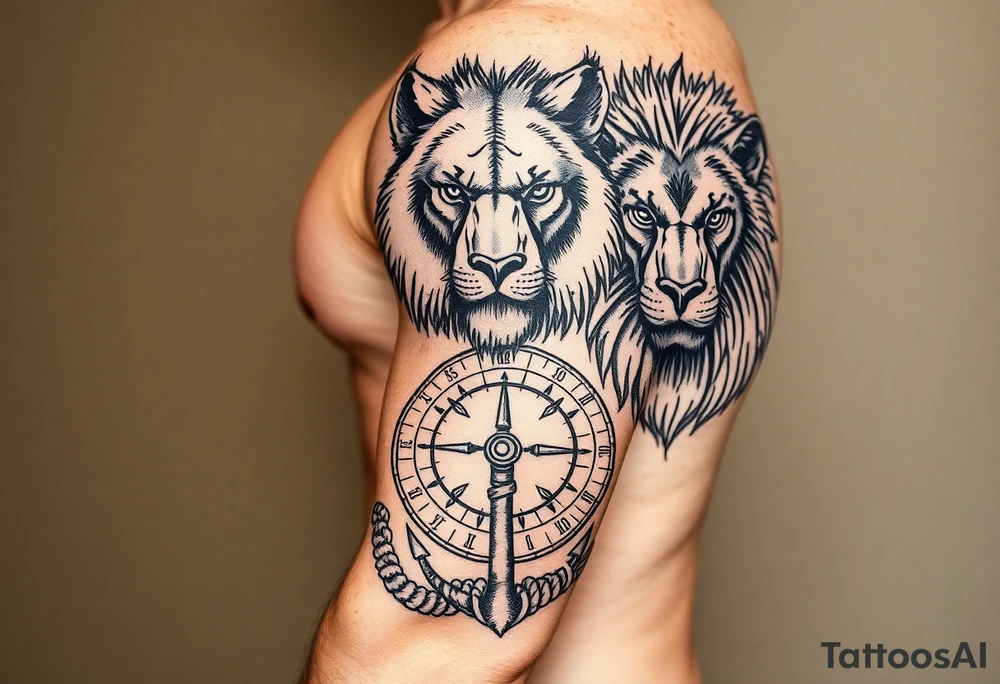 portions wolf, bear, lion, faces; surrounded by a broken old school compass with a rope and anchor on the bottom tattoo idea