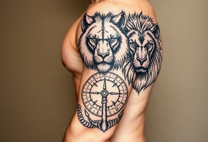 portions wolf, bear, lion, faces; surrounded by a broken old school compass with a rope and anchor on the bottom tattoo idea