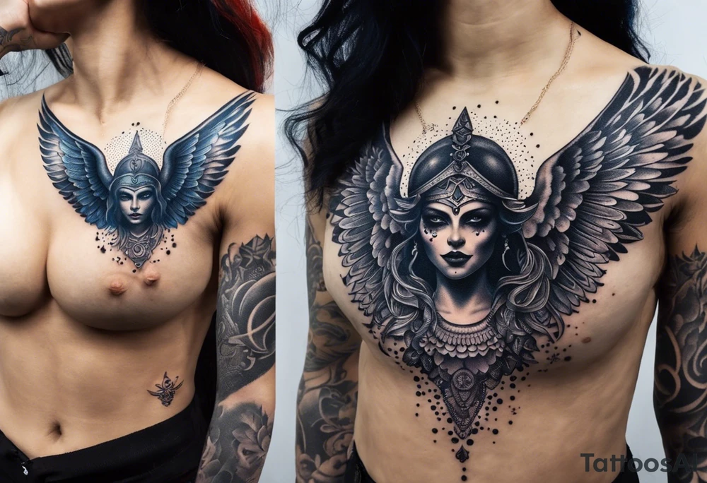 black kali, goddess pirate, alien, angel, pachamama, valkrye, warrior, flying, skull, lotus azul, wing, eagle, zenza resonance, stars, 5D, anahata chakra, death, durga, riding on a tiger, flying lady, chest tatoo tattoo idea