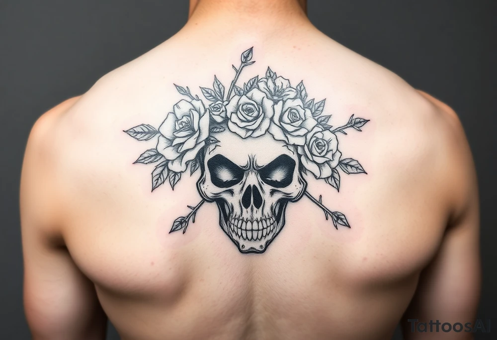 ornate skull adorned with crown of wild roses and thorns tattoo idea