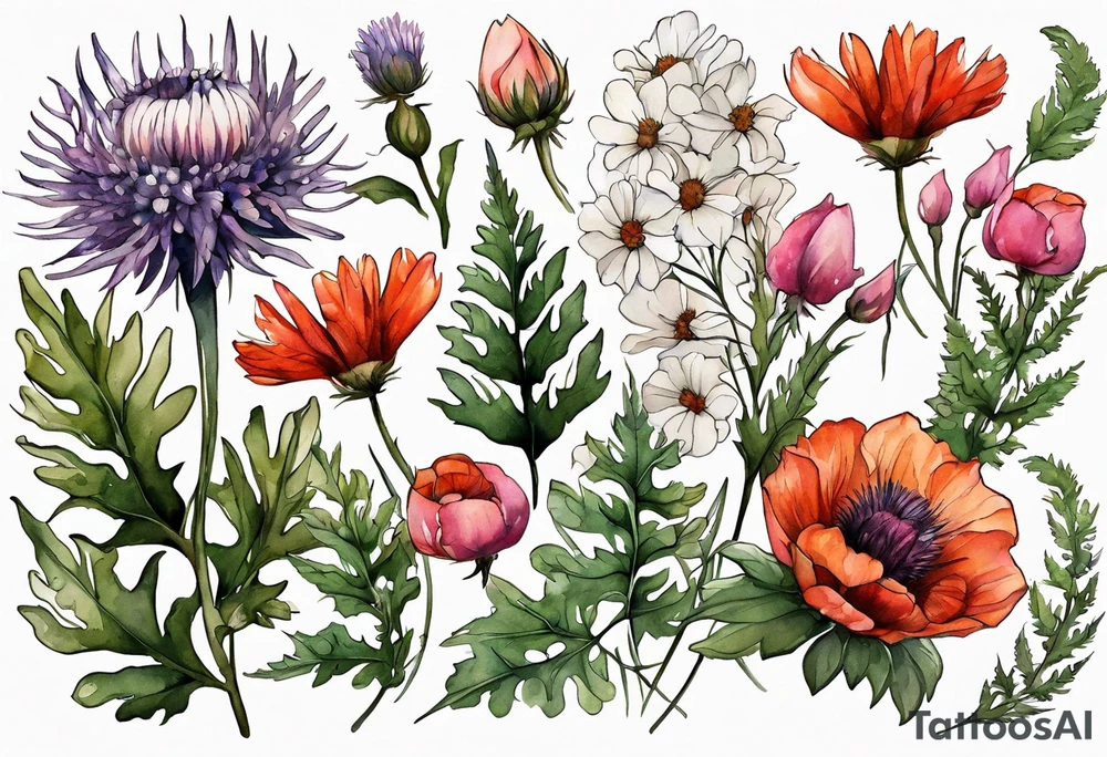 wildflowers with thistles, ferns, white flowers, cream flowers, pink flowers, burnt orange flowers, red flowers and all in watercolor tattoo idea