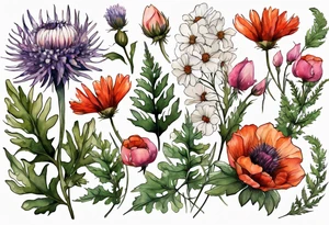 wildflowers with thistles, ferns, white flowers, cream flowers, pink flowers, burnt orange flowers, red flowers and all in watercolor tattoo idea