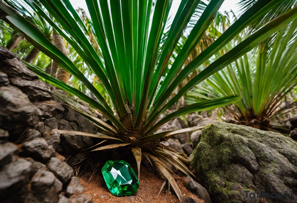 A striking Gachala emerald sits at the base of a tall quindio wax palm, which grows resiliently from cracks in rugged, rocky soil. The emerald is the main focal point, symbolizing strength and endurance, while the wax palm, rooted in the soil’s crevices, represents growth and resilience. A small water stream flows gently from the rocks, adding an element of life and nourishment. tattoo idea