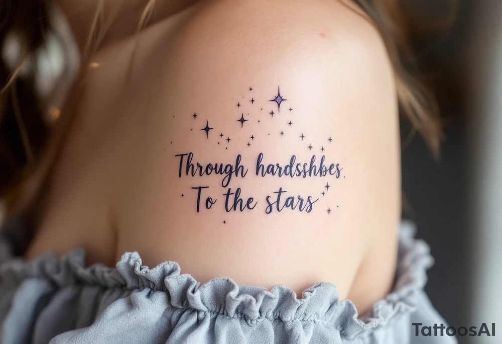 A soft gray script of “Through hardships To the stars” stretches beneath a pale lavender constellation on the shoulder blade. tattoo idea