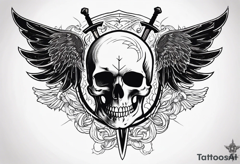 In the center is a half skull pierced by a large sword. On either side of the skull, there are spread angel wings, Beneath the skull is a ribbon with latvian symbols that weaves through both the skull and the sword tattoo idea
